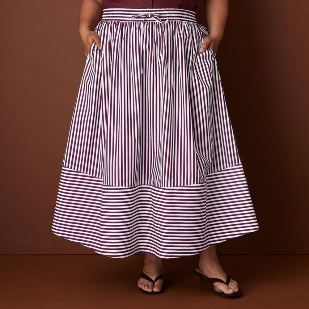 Women's Drawstring Poplin Striped Full Midi Skirt - Rosie Assoulin Burgundy 2X - Picture 4 of 4